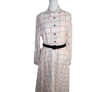 Vintage 70s Shirt Dress Womens XS White Red Windowpane Maxi
